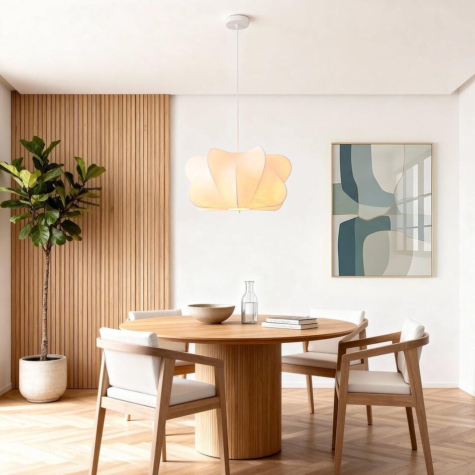 Weiße minimalistische Hängelampe Ame mit Seidenkappe