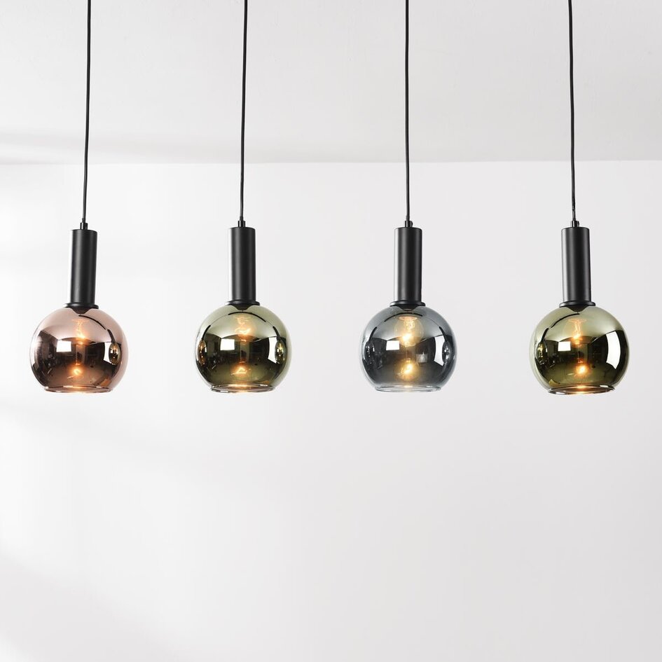 4-flammige Hängelampe Imke mit graublauem Rauchglas, grünem Glas und Kupferglas