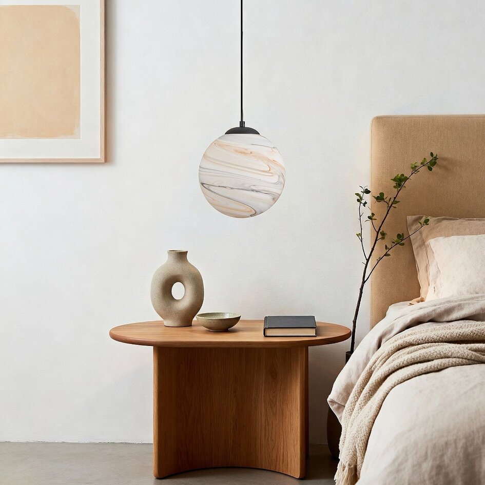 1-flammige Hängelampe Marbelle schwarz mit Glas in Marmoroptik