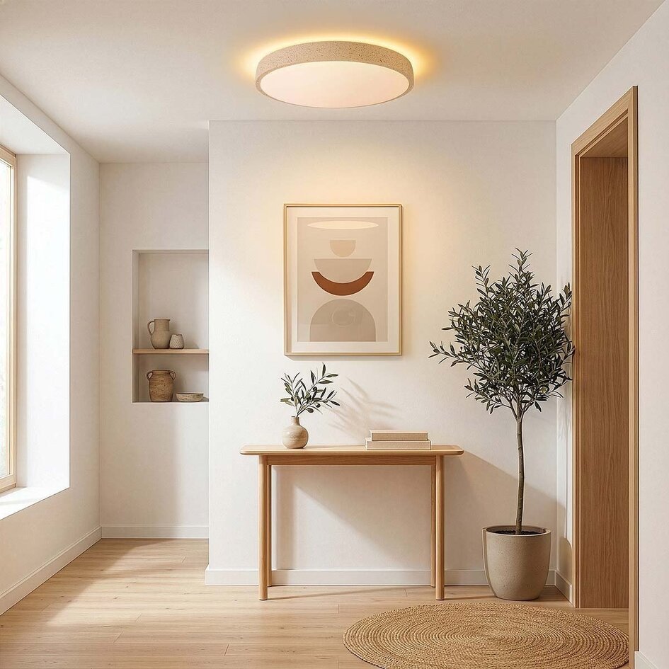 Moderne Deckenleuchte Arvid mit beigefarbenem Steineffekt, 3-stufig dimmbar Ø40 cm