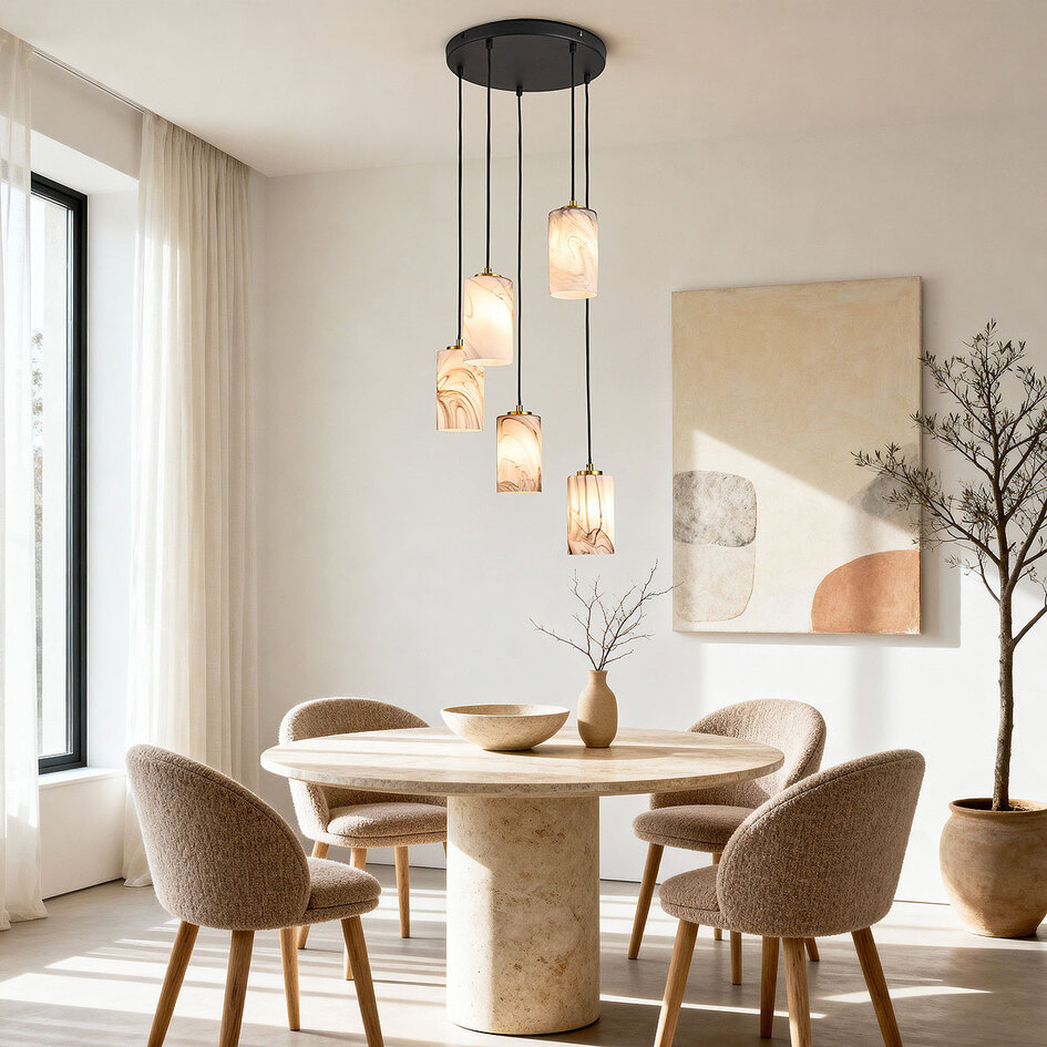 Moderne Hängelampe Vetra in Mamoroptik mit goldener Abdeckung, 5-flammig