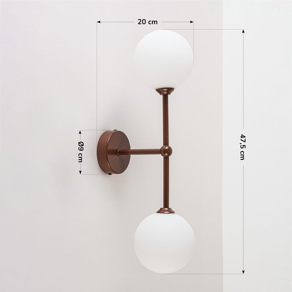 Moderne braune Wandleuchte Runda mit milchweißem Glas, 2-flammig