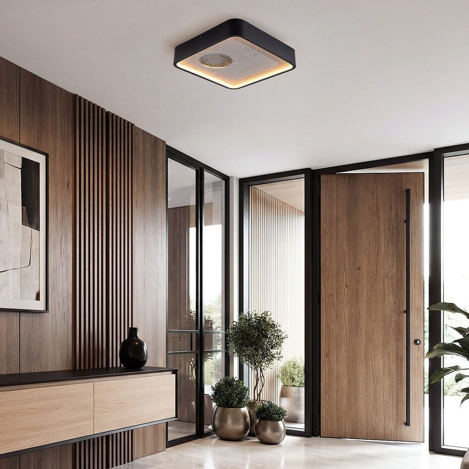 Deckenleuchte Cercal mit 3-stufig dimmbaren LEDs und schwarzem Steineffekt in Grau – 30 × 30 cm