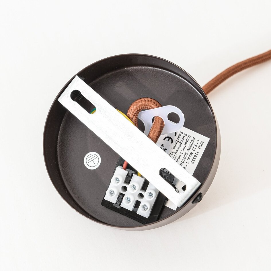 Japandi-Hängelampe Travia aus Travertin (Naturstein) und hellem Holz