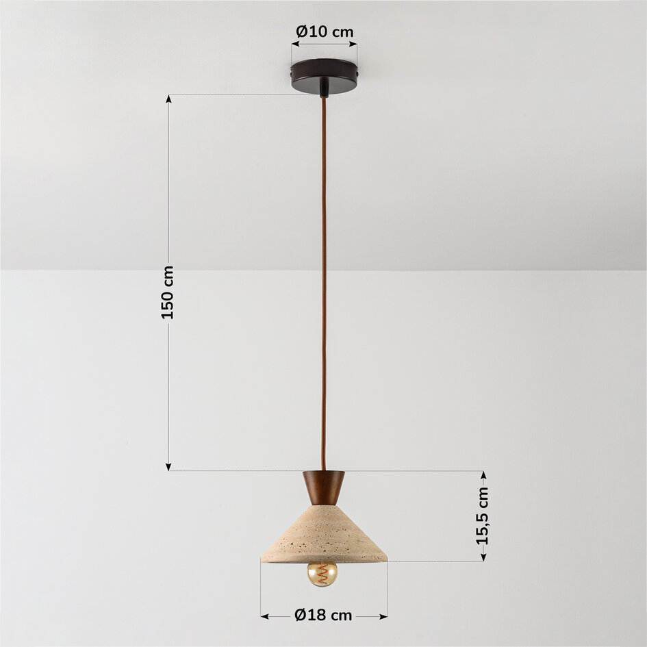Japandi-Hängelampe Mara aus Travertin (Naturstein) und Holz