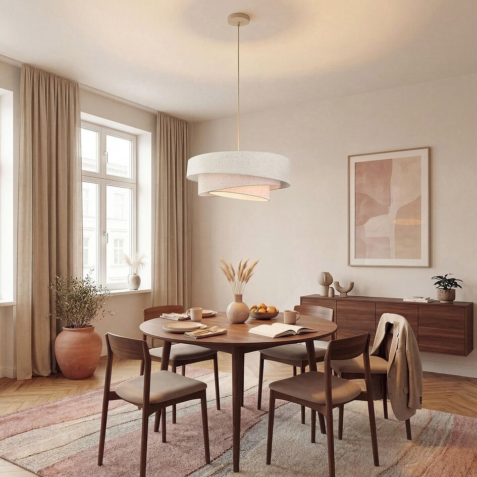 Design Hängelampe Nerai beige mit drei geschichteten Leinen-Lampenschirmen