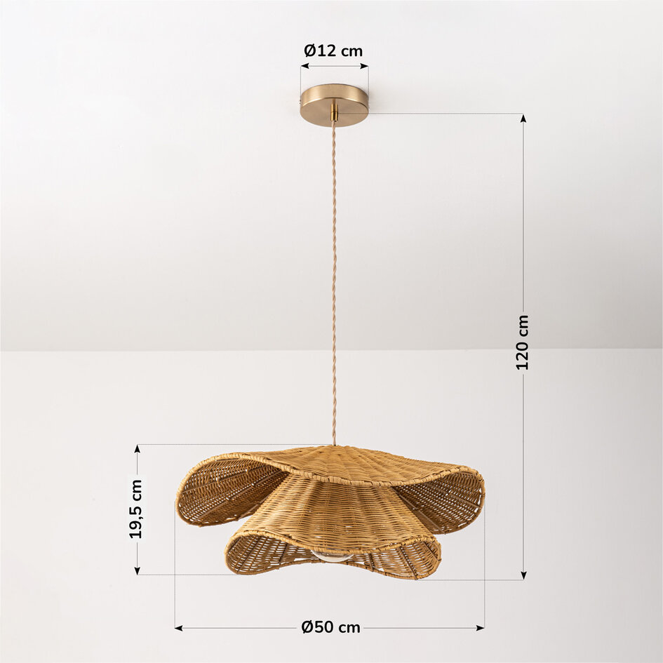 Rattan-Hängelampe Arua mit handgeflochtenem Doppelschirm und goldenem Detail Ø50 cm