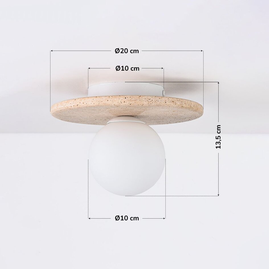 Deckenleuchte Cenno mit Travertin-Optik und milchweißem Glas