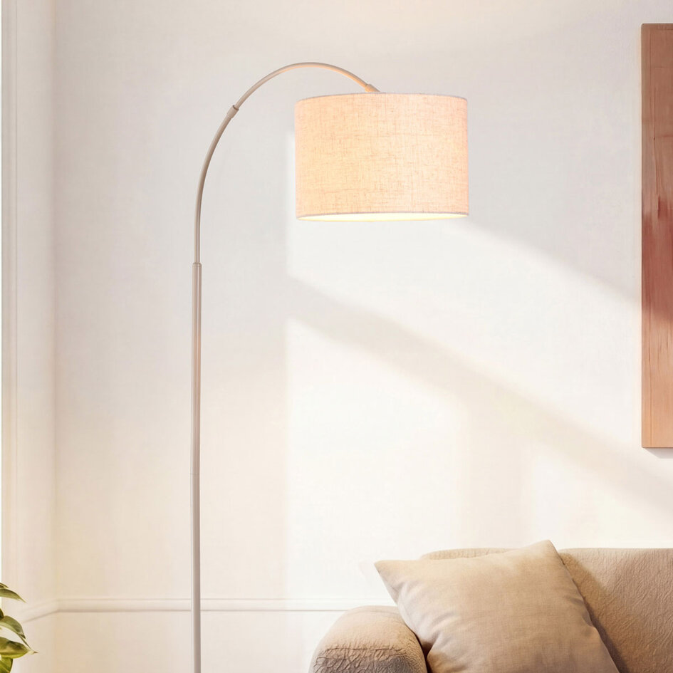 Moderne Steh-Bogenlampe Lerava beige mit Leinen-Schirm