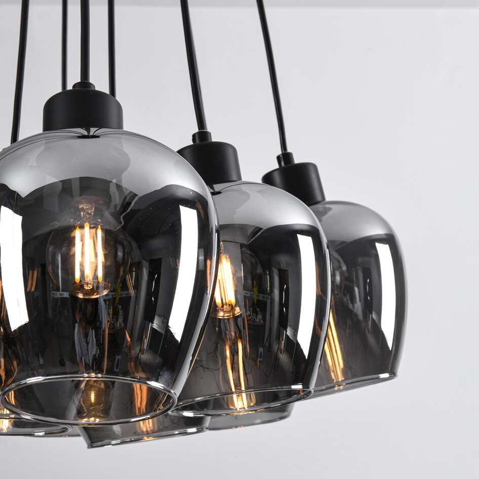 12-flammige Design-Pendelleuchte schwarz mit Rauchglas - Ventura