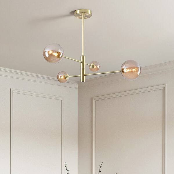Goldene Deckenleuchte Stiri 4-flammig mit amber Glas