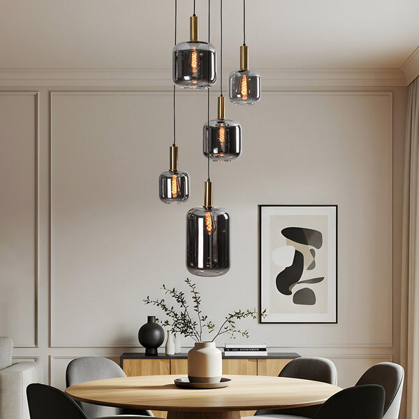Design- Pendelleuchte schwarz mit Rauchglas und goldenen Details, 5-flammig - Cinque