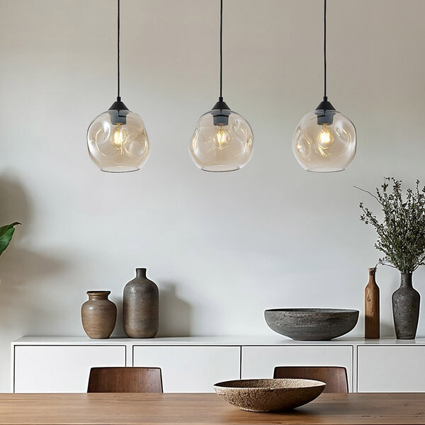 3-flammige moderne Pendelleuchte Fayen schwarz mit organischer Form cognac Glas