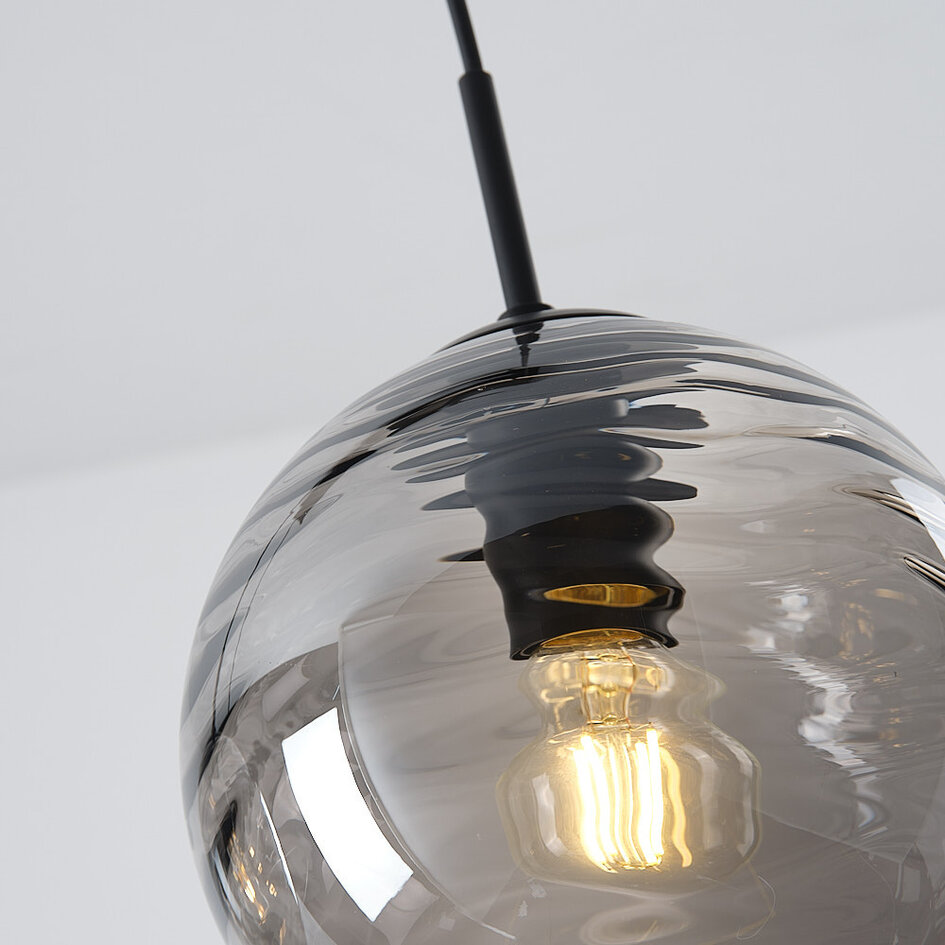 Moderne Pendelleuchte schwarz mit 3D gewelltem Rauchglas, 3-flammig - Carice