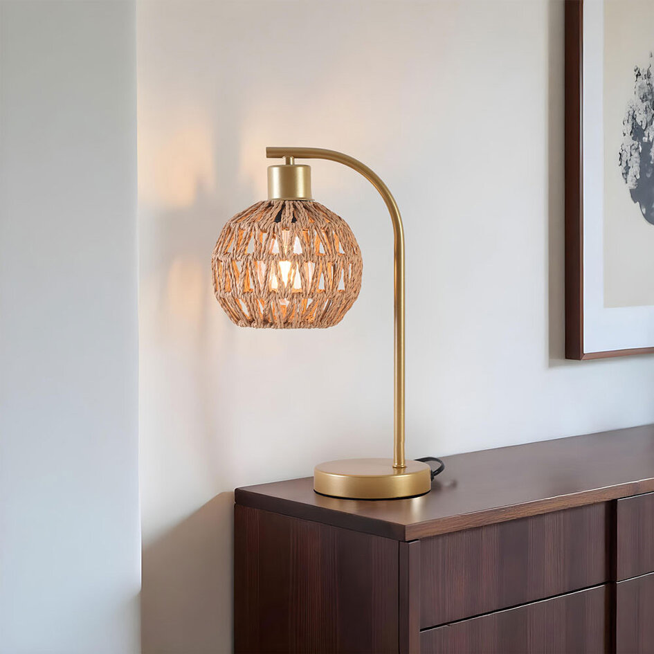 Tischlampe gold mit Rattanschirm - Kora