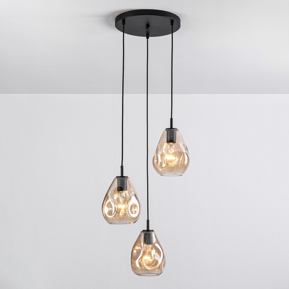 Design-Pendelleuchte Schwarz mit amber Glas, 3-flammig - Lainas