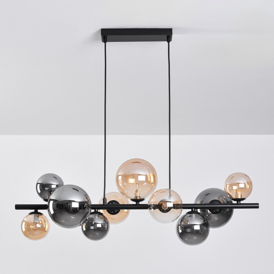 Design-Pendelleuchte Deka schwarz mit amber- und rauchglas, 10-flammig