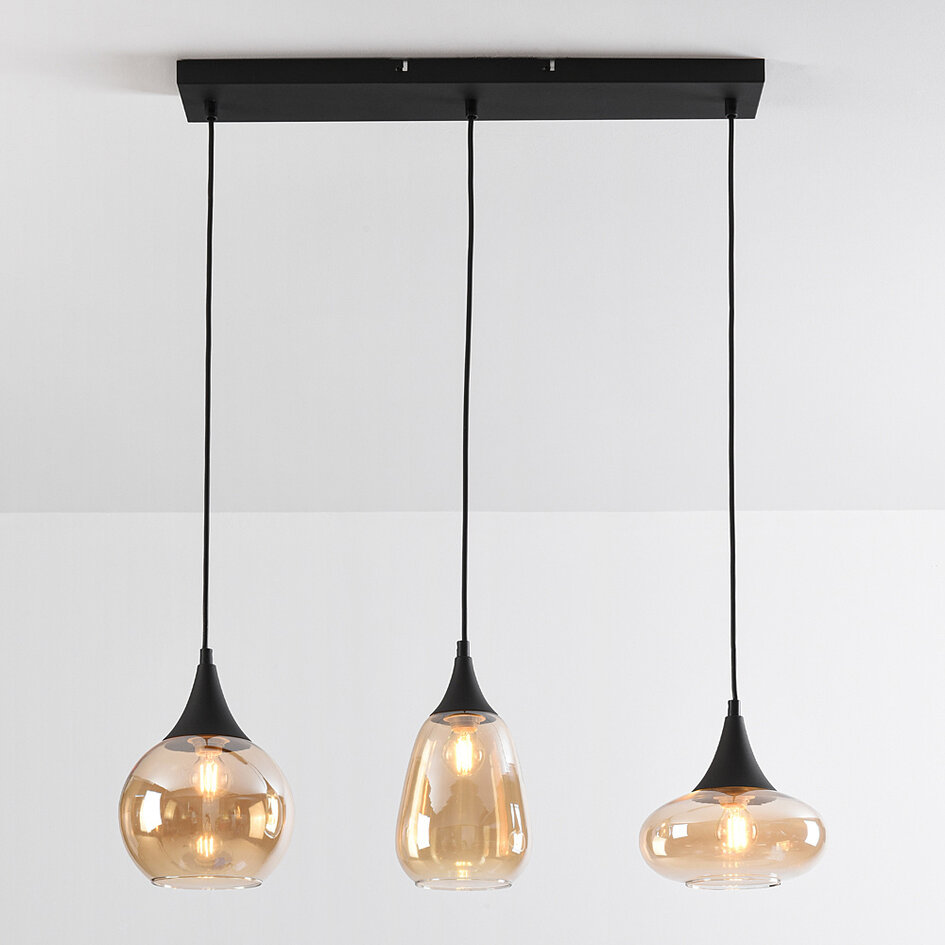 3-flammige Hängelampe Lovi - Schwarz mit Amberglas