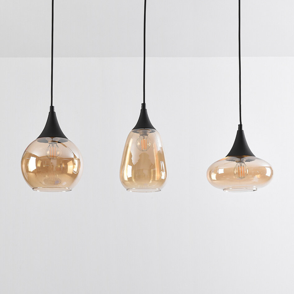 3-flammige Hängelampe Lovi - Schwarz mit Amberglas