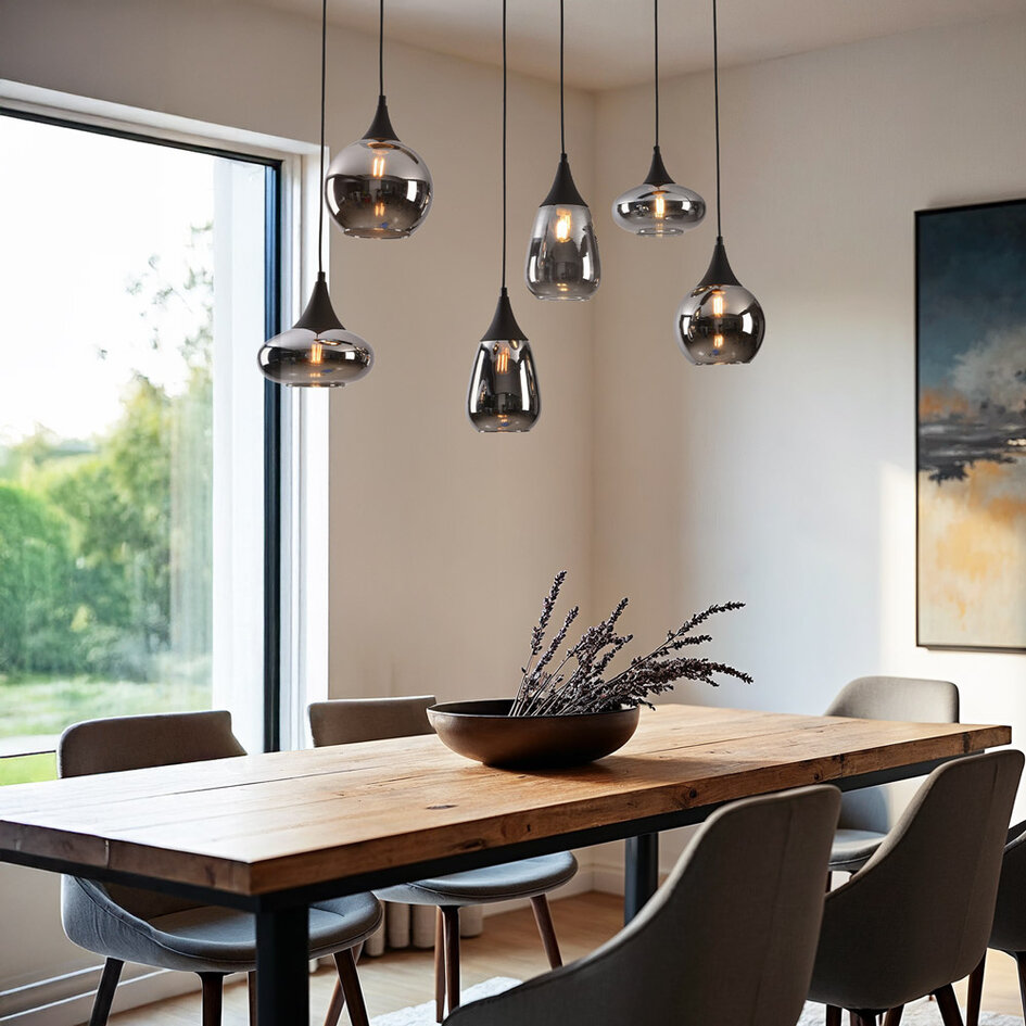 Schwarze Pendelleuchte Loic mit Rauchglas, 6-flammig