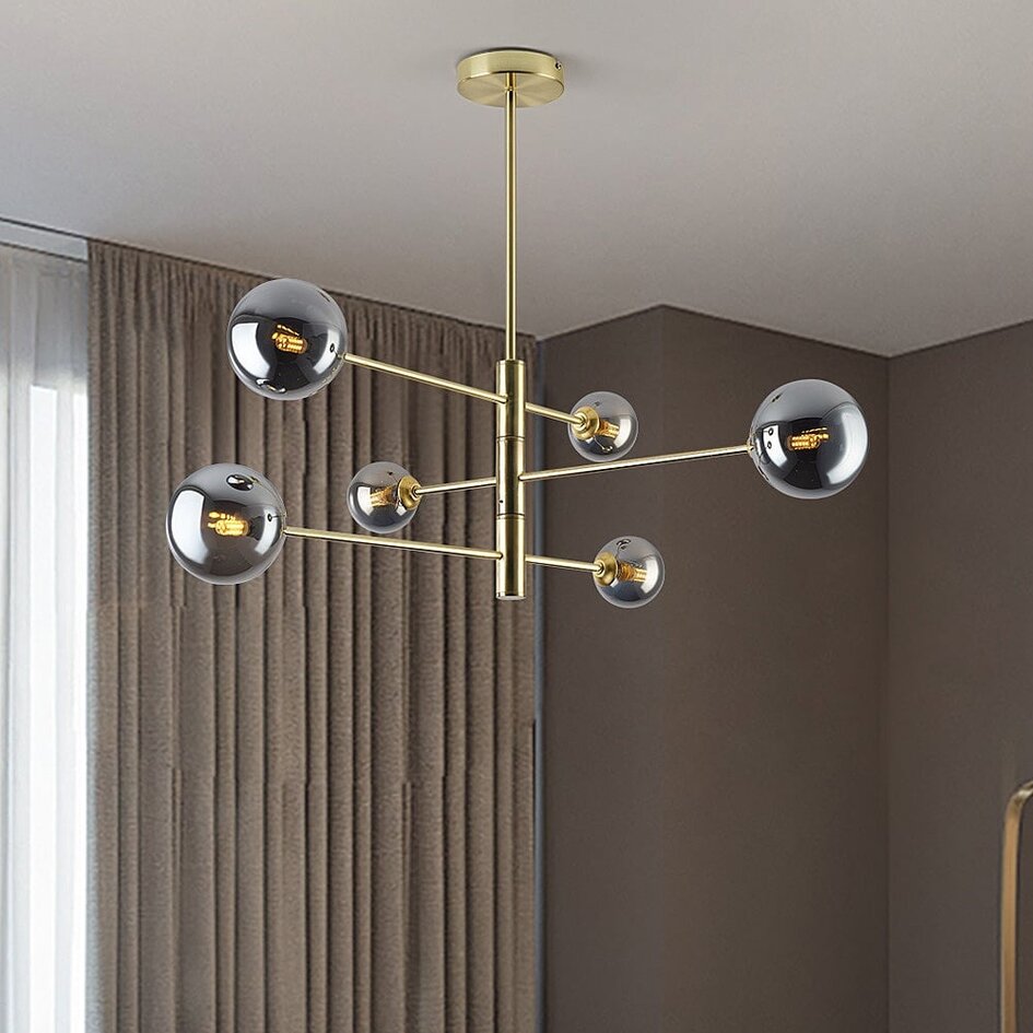 6-flammige Deckenlampe Sest - Gold mit Rauchglas