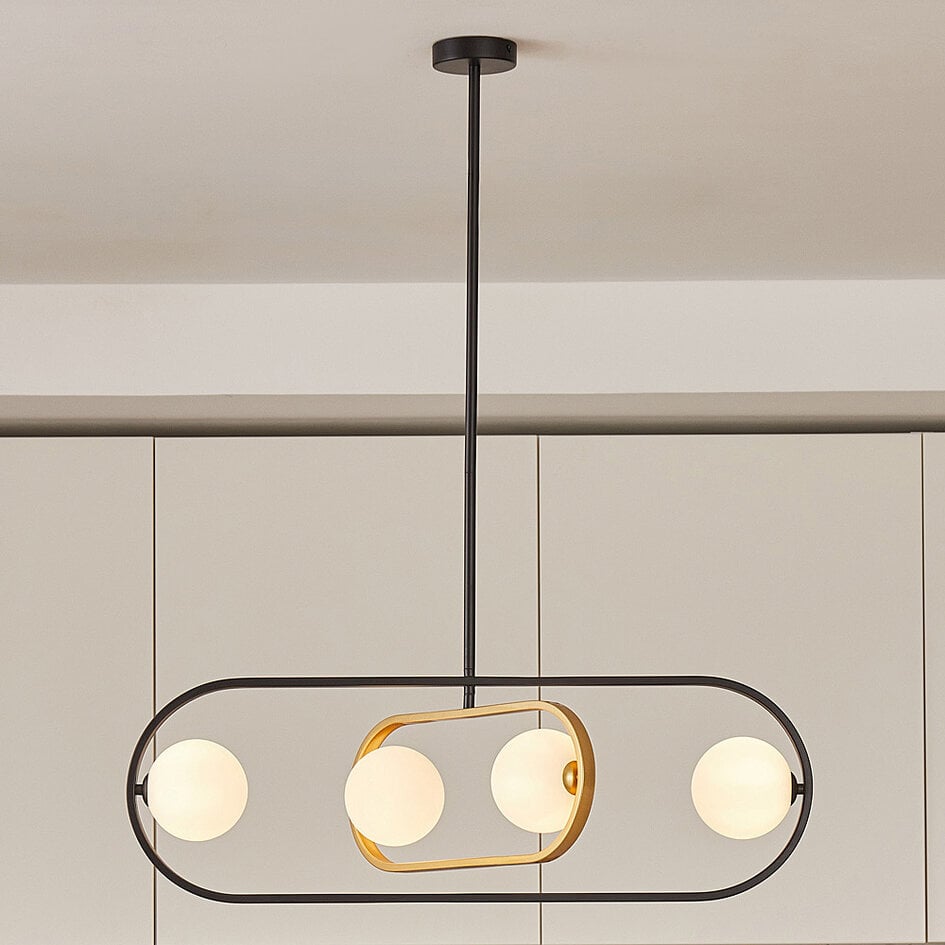 4-flammige Design-Hängeleuchte Gaio - Schwarz und Gold mit Milchglas