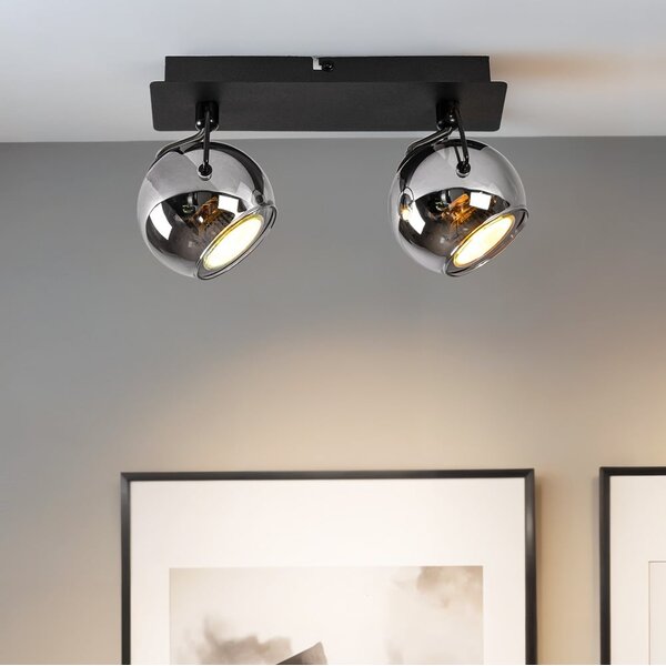 Moderne Deckenleuchte mit Rauchglas und 2 Spots, schwarz - Jari