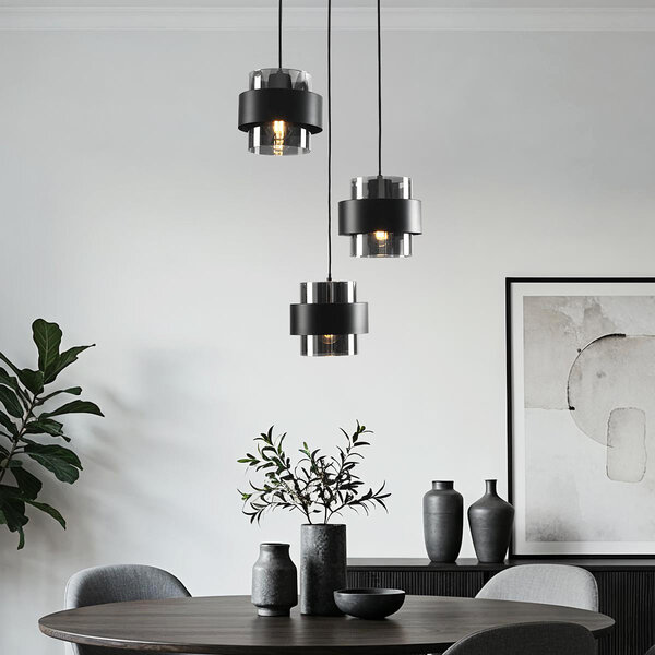 Schwarze Pendelleuchte Fynna mit Rauchglas, 3-flammig