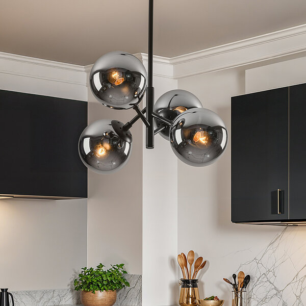 Retro-Pendelleuchte schwarz mit Rauchglas, 4-flammig - Florence