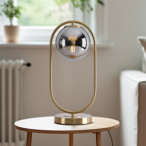 Goldene Design-Tischlampe George - Rauchglas mit Spiegeleffekt