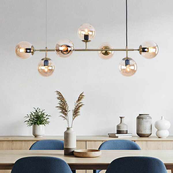 Design-Hängelampe Hepta Gold mit amber Glaskugeln