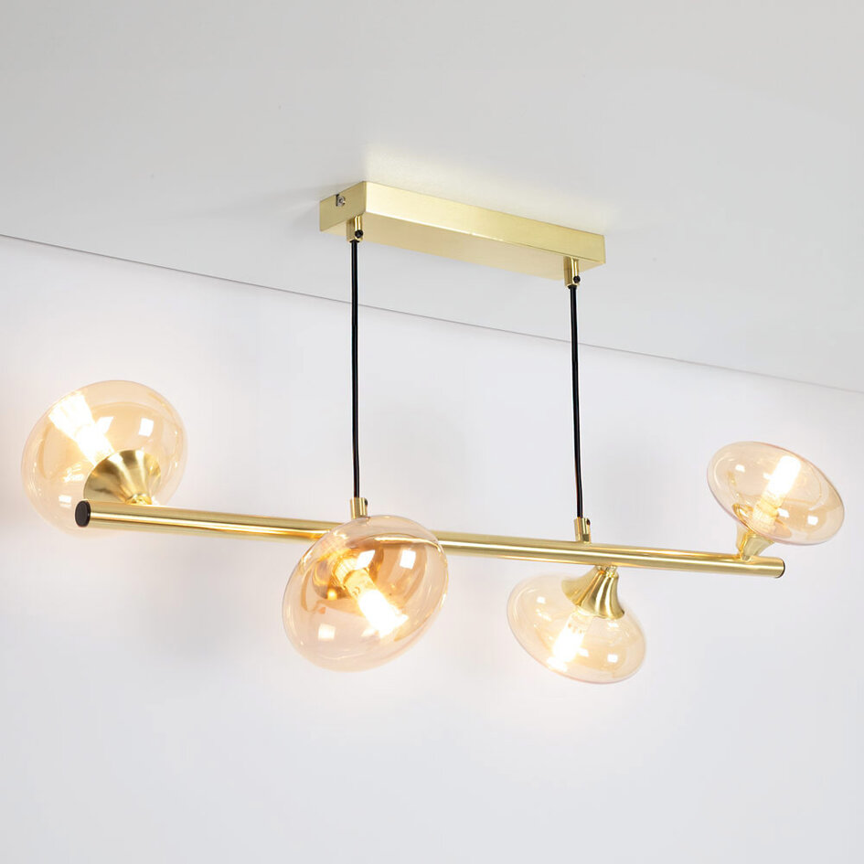 4-flammige Pendelleuchte Soikea - Gold mit amberfarbenen Glaskugeln