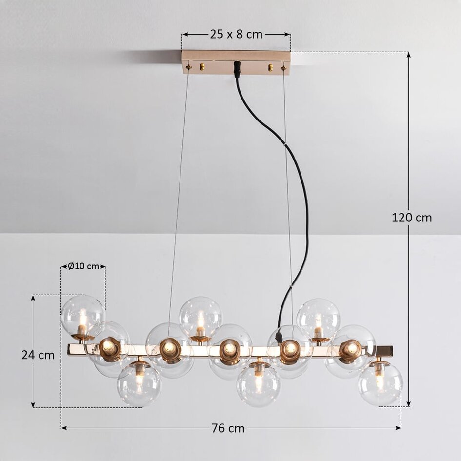 16-flammige Pendelleuchte Sunita - transparentes Glas mit Gold
