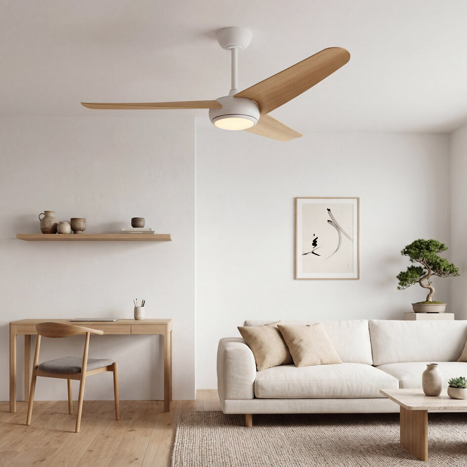 Deckenventilator Ventus mit integrierter LED und Fernbedienung - Weiß und Buchenholz
