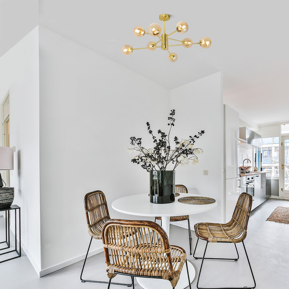 Design-Deckenleuchte in Sandgold mit amber Glas 8-flammig - Idaho