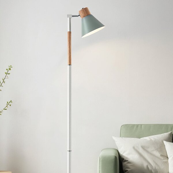 Retro-Stehlampe Elsie aus Holz mit grünem Lampenschirm