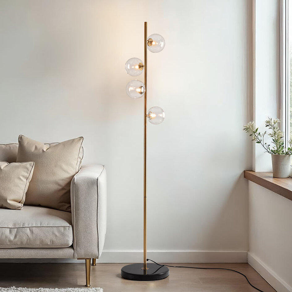 Stehlampe Pippa 4-flammig in Gold mit transparentem Glas