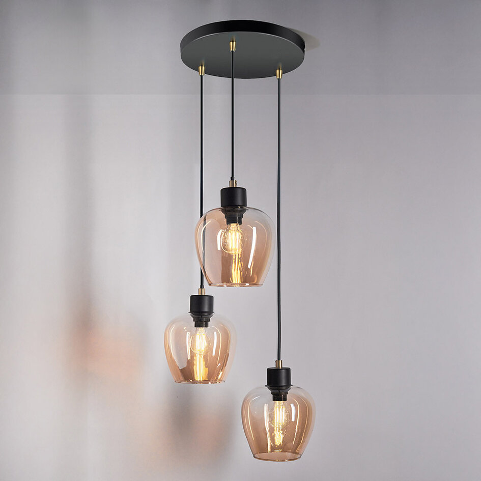 Design mattschwarz und sandgold Hängeleuchte mit amber Glas 3-flammig - Stockton