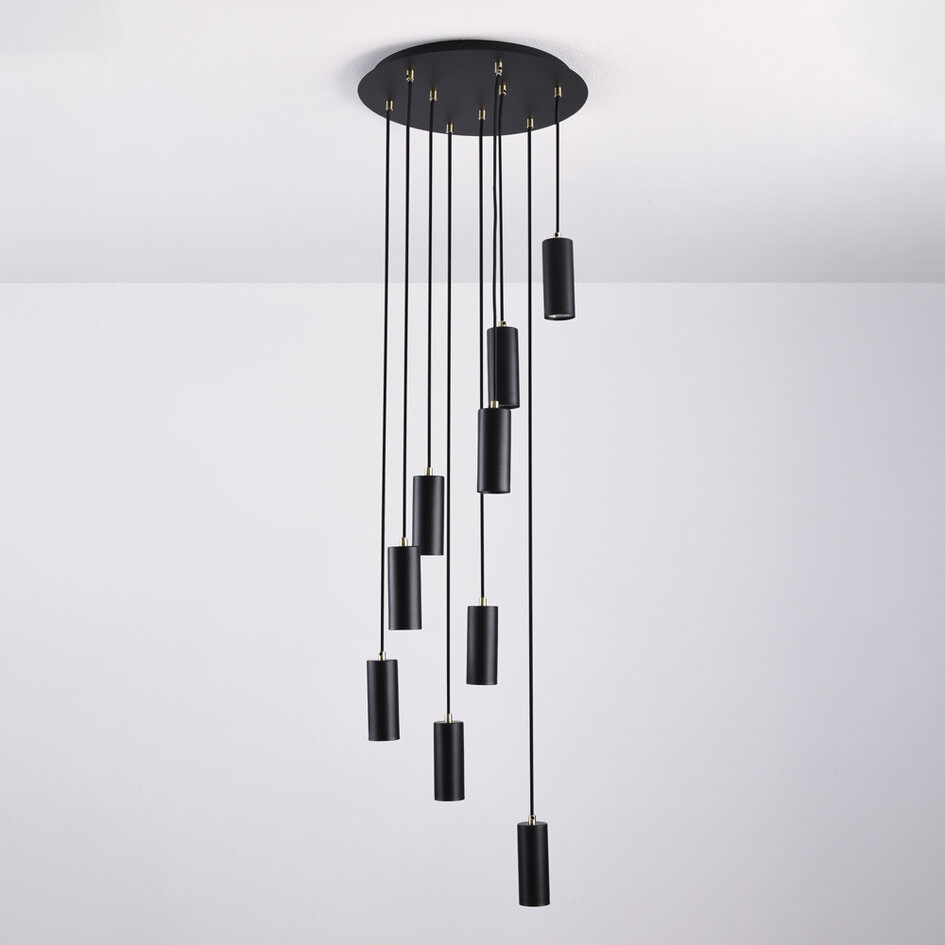 9-flammige Design-Hängeleuchte Hialeah - mattschwarz und sandgold