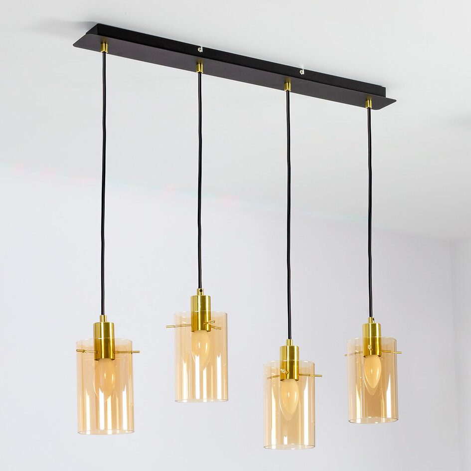 Industrielle mattschwarze und sandgoldene Pendelleuchte mit amber Glas 4-flammig - Tuscon
