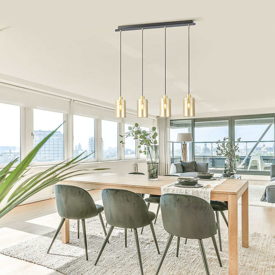 Industrielle mattschwarze und sandgoldene Pendelleuchte mit amber Glas 4-flammig - Tuscon