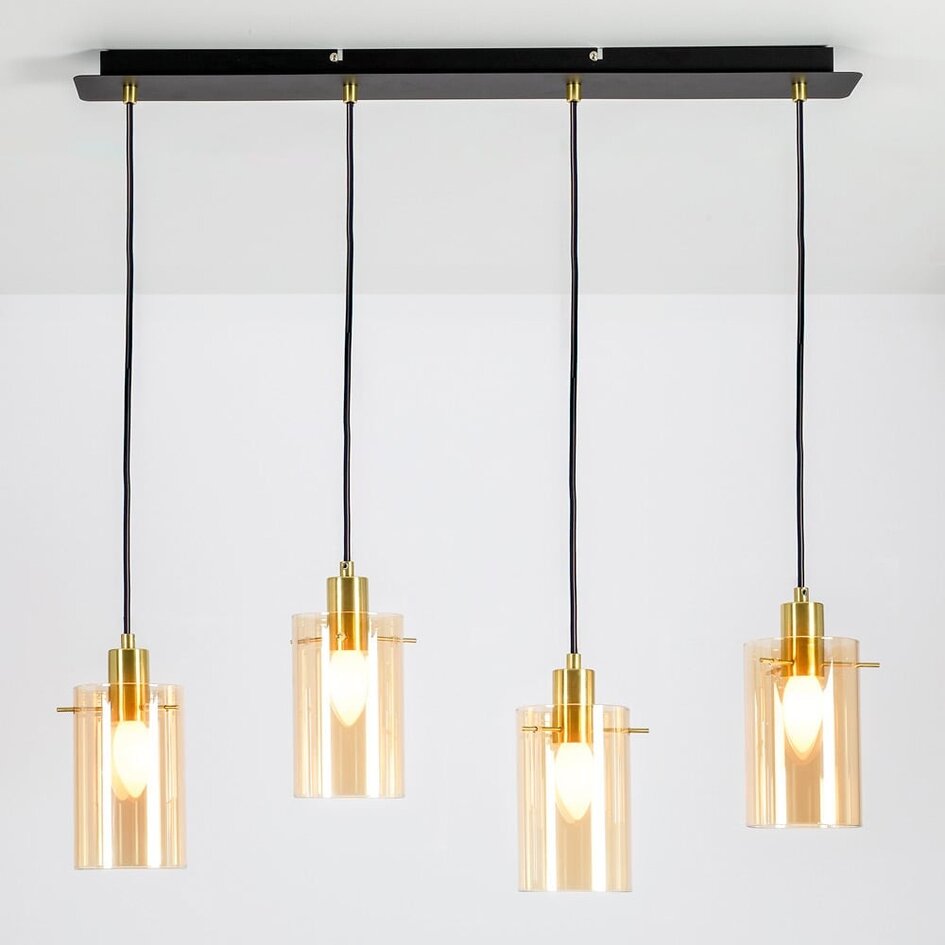 Industrielle mattschwarze und sandgoldene Pendelleuchte mit amber Glas 4-flammig - Tuscon