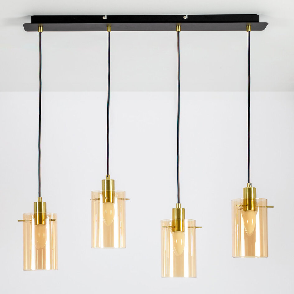 Industrielle mattschwarze und sandgoldene Pendelleuchte mit amber Glas 4-flammig - Tuscon