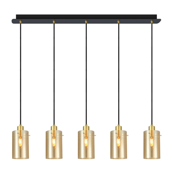 Moderne mattschwarze und sandgoldene Pendelleuchte mit amber Glas, 5-flammig- Seattle