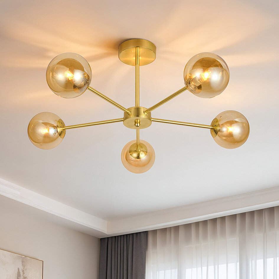 Moderne goldfarbene Deckenleuchte mit amber Glas, 5-flammig - Louisa