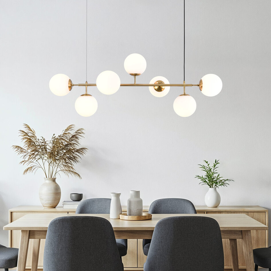 Design-Hängeleuchte Hepta mit Milchglas-Kugeln