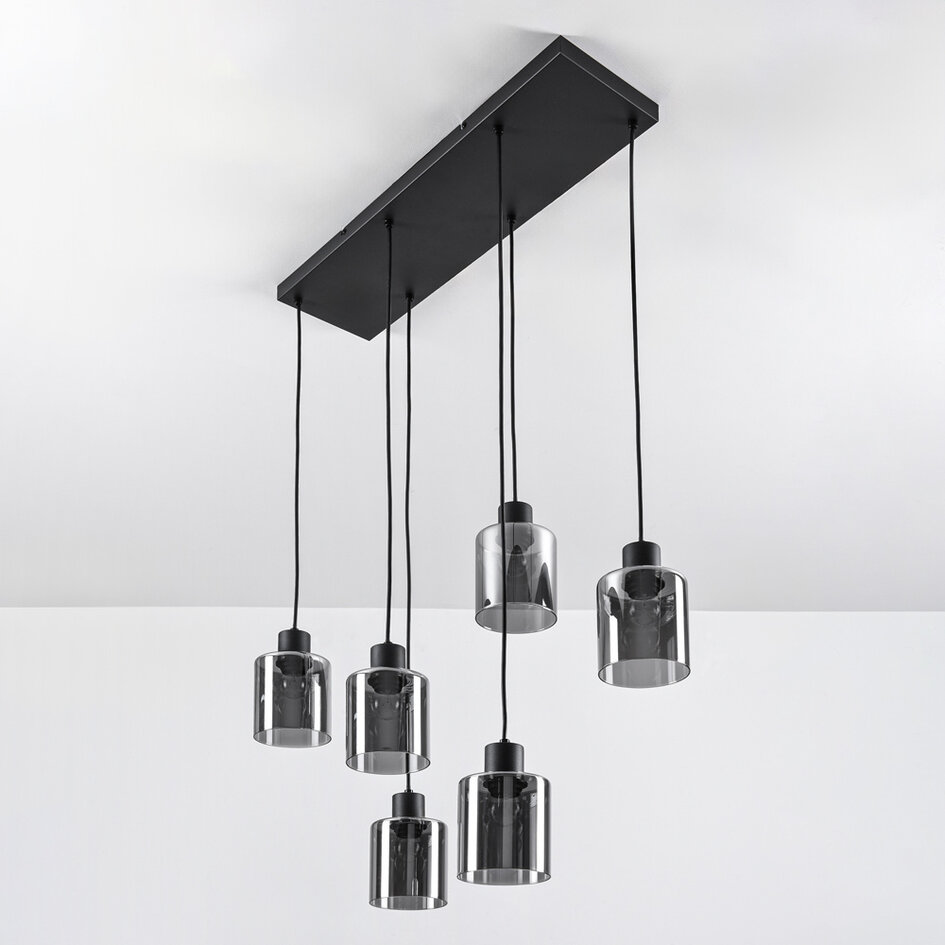 Schwarze Pendelleuchte Palaio mit Rauchglas, 6-flammig