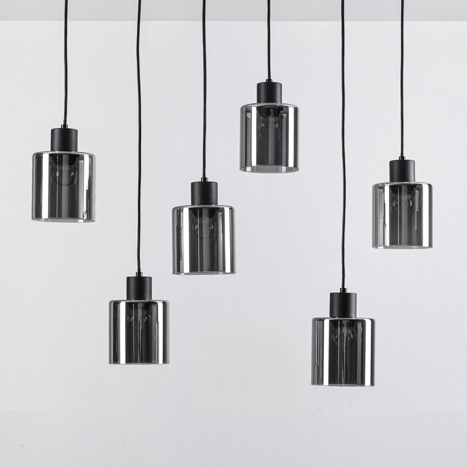 Schwarze Pendelleuchte Palaio mit Rauchglas, 6-flammig