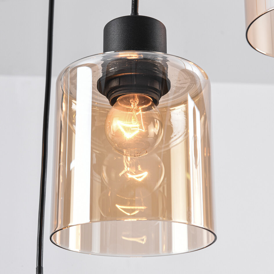 Schwarze Pendelleuchte Palaio mit amber Glas, 6-flammig