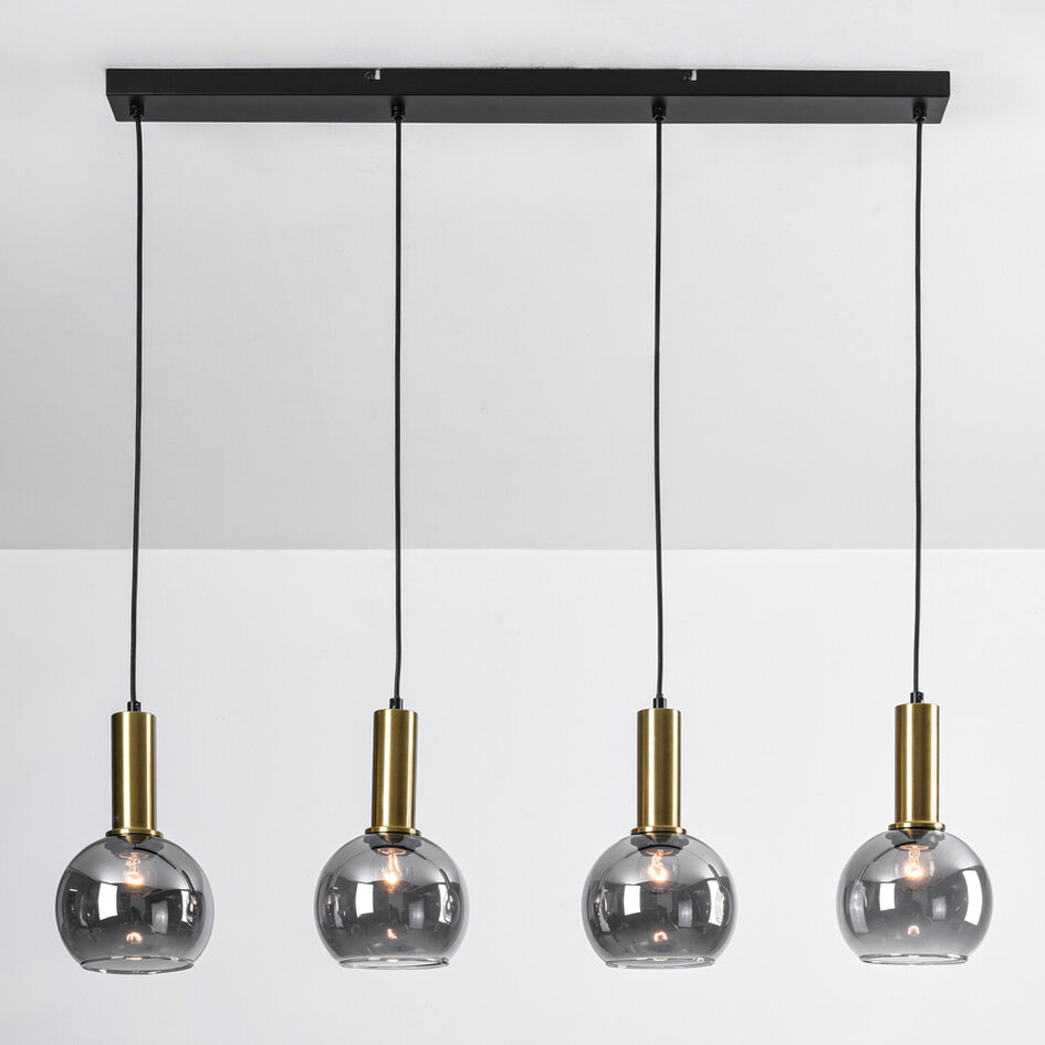 Pendelleuchte Imke schwarz mit goldenen Details und Rauchglas, 4-flammig